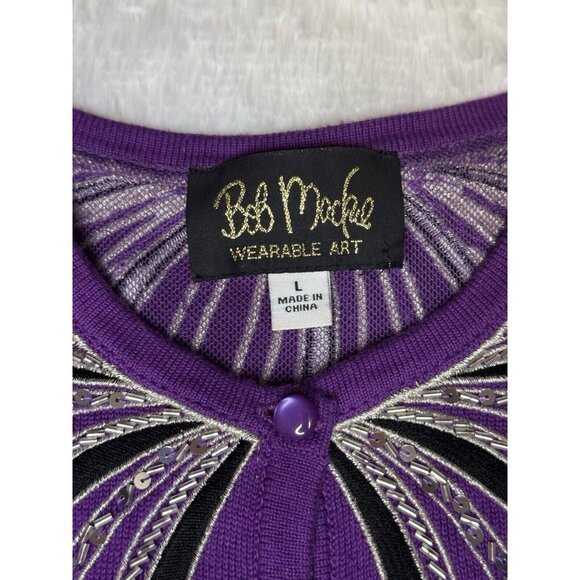 BOB MACKIE Womens Wearable Art Sweater Cardigan LARGE Purple Embellished Western - Picture 6 of 9